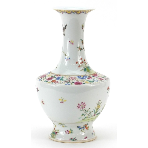 238 - Chinese porcelain vase hand painted in the famille rose palette with birds amongst flowers, six figu... 