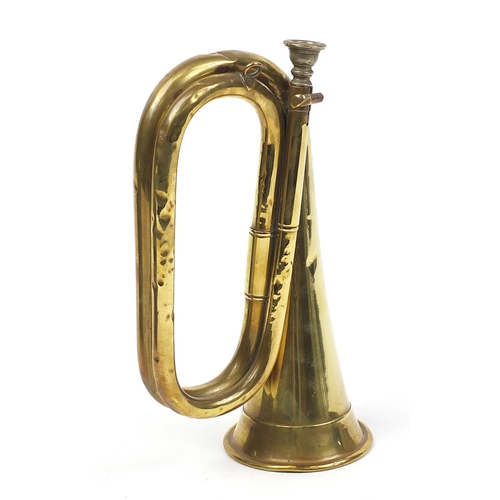 702 - McQueens of Manchester military interest brass bugle with case, 28cm in length