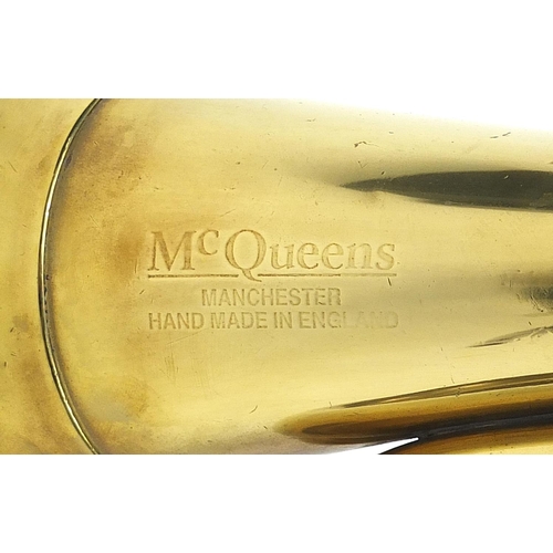 702 - McQueens of Manchester military interest brass bugle with case, 28cm in length