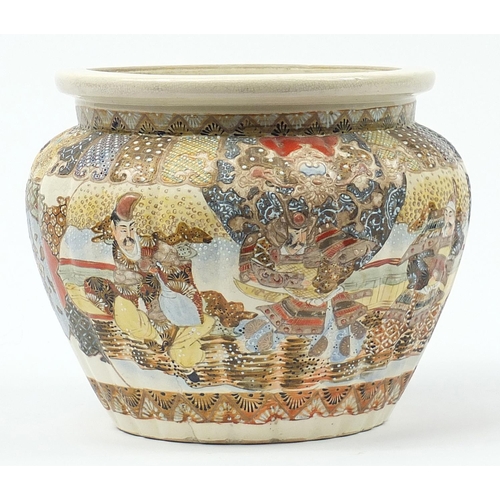 1200 - Large Japanese Satsuma pottery jardiniere hand painted with warriors, 26cm high x 31cm in diameter