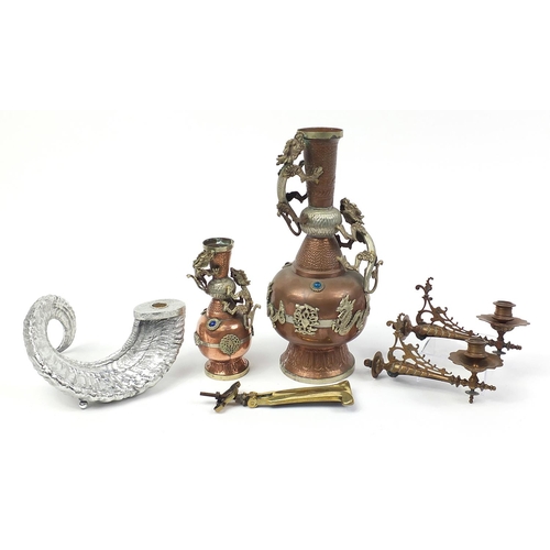 1423 - Metalware including two Tibetan jewelled vases and a pair of W A S Benson style wall sconces, the la... 