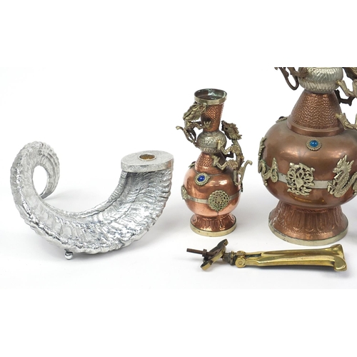 1423 - Metalware including two Tibetan jewelled vases and a pair of W A S Benson style wall sconces, the la... 