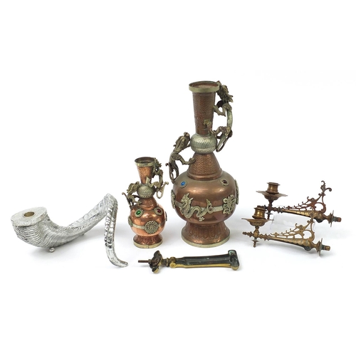 1423 - Metalware including two Tibetan jewelled vases and a pair of W A S Benson style wall sconces, the la... 