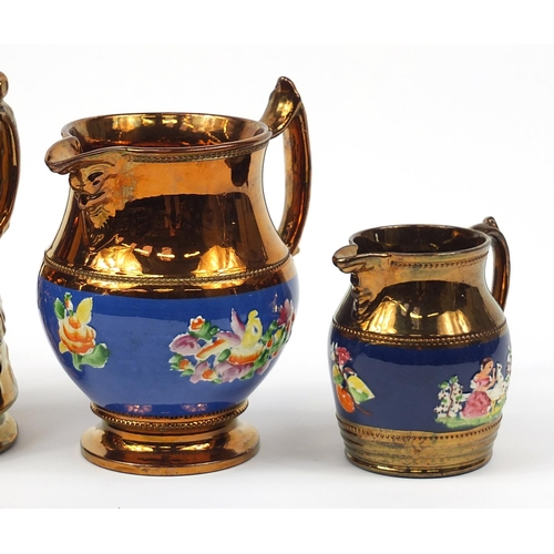 1419 - Five Victorian lustre jugs including one hand painted with flowers, the largest 19.5cm high