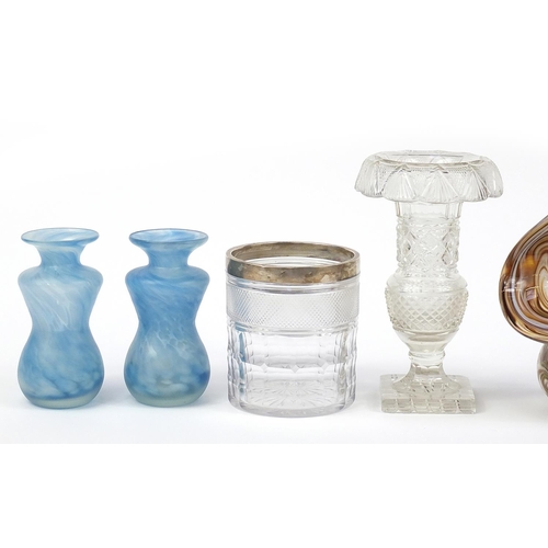 1410 - Antique and later glassware including Mdina, Caithness and a biscuit jar with silver rim, the larges... 