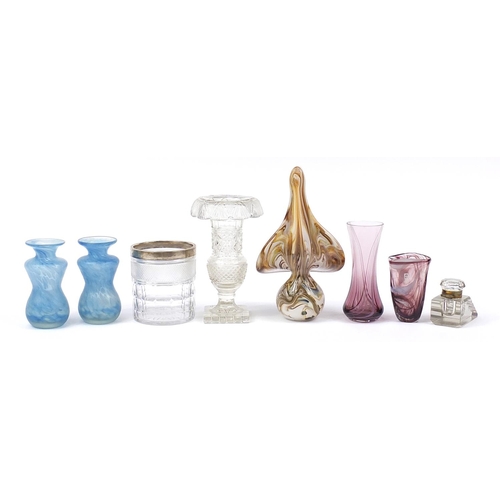 1410 - Antique and later glassware including Mdina, Caithness and a biscuit jar with silver rim, the larges... 