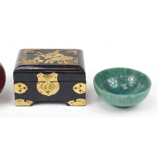 1405 - Chinese sundry items including hardwood double gourd vase with mother of pearl inlay, lacquered jewe... 