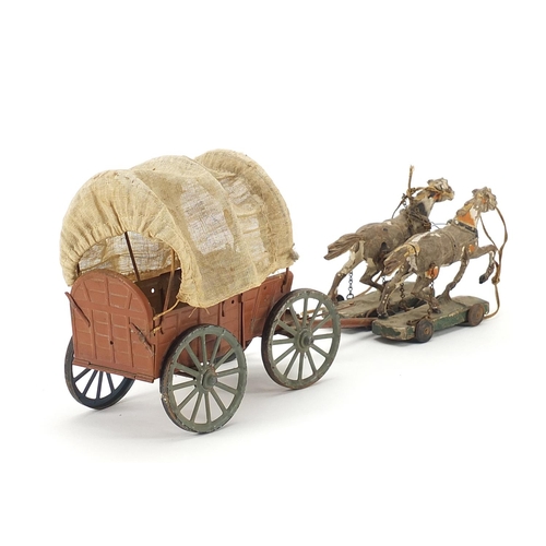 1376 - Vintage tinplate wagon with horses, 36cm in length