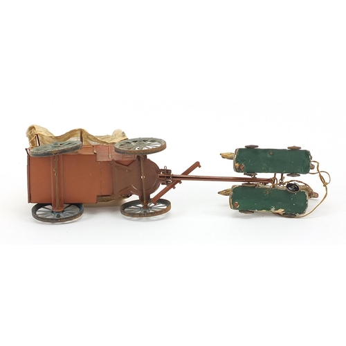 1376 - Vintage tinplate wagon with horses, 36cm in length