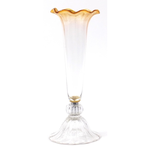 1215 - Large glass vase with orange frilled rim, 51cm high