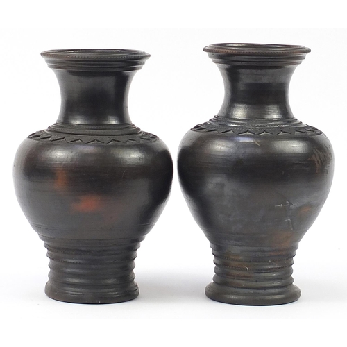 1195 - Large pair of Chinese terracotta baluster vases with ruyi head borders, each 36.5cm high