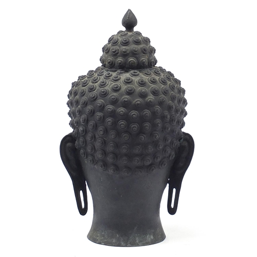 1218 - Large Chino Tibetan patinated bronze Buddha head, 39.5cm high