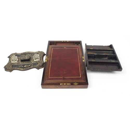 1412 - Woodenware including a Victorian papier mache inkstand, writing slope and rosewood box, the largest ... 