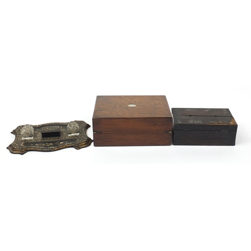 1412 - Woodenware including a Victorian papier mache inkstand, writing slope and rosewood box, the largest ... 