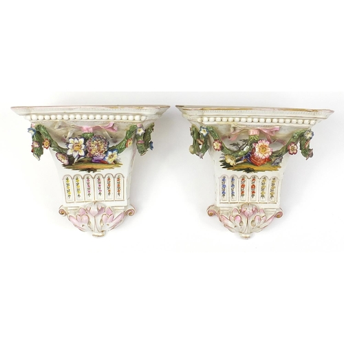 175 - Pair of 19th century porcelain floral encrusted shelf brackets hand painted with lovers and flowers,... 