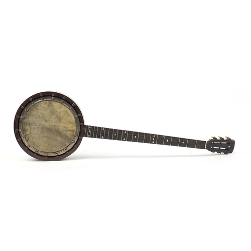 697 - 19th century five string zither banjo with shell back and leather case, 92cm in length