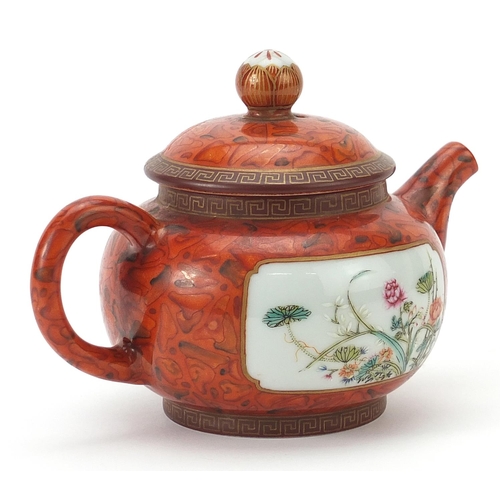 295 - Chinese faux bois teapot finely hand painted in the famille rose palette with flowers, six figure ch... 