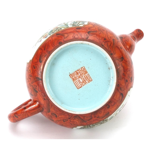 295 - Chinese faux bois teapot finely hand painted in the famille rose palette with flowers, six figure ch... 