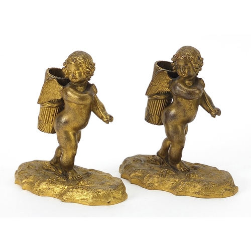 61 - Pair of Elkington & Co gilt metal match holders in the form of Putti, each 12cm high