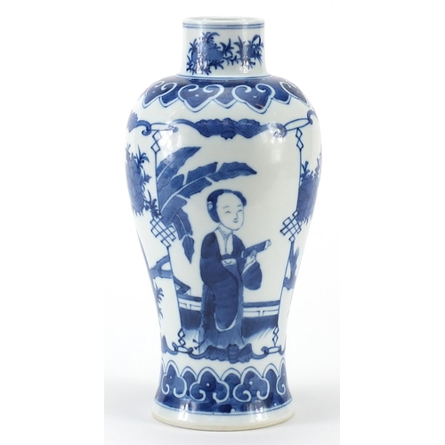 399 - Chinese blue and white porcelain vase hand painted with figures, four figure character marks to the ... 