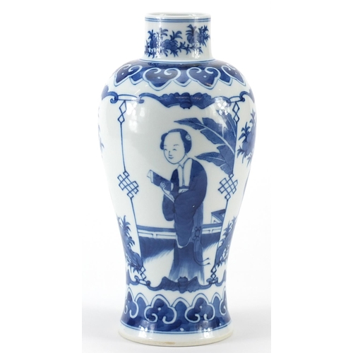 399 - Chinese blue and white porcelain vase hand painted with figures, four figure character marks to the ... 