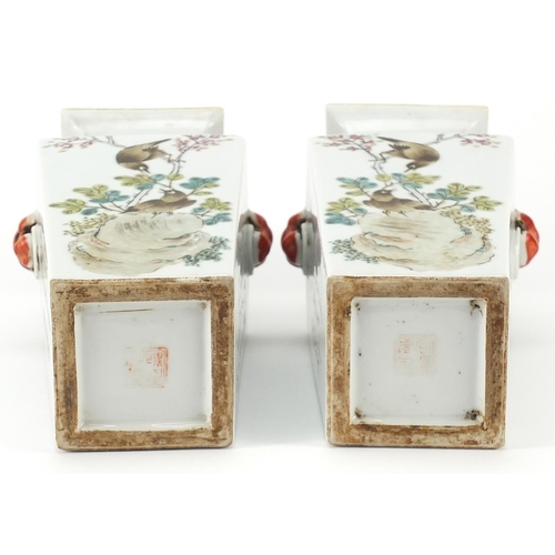 161 - Pair of Chinese porcelain square section vases with animalia handles hand painted with flowers and c... 