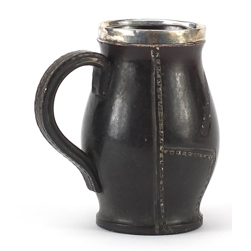 356 - Doulton faux leather jug with silver rim, 9.5cm high