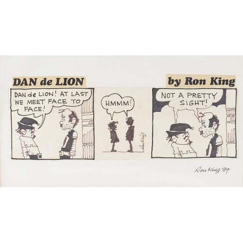 1503 - Ron King - Dan de Lion!, ink illustration, mounted, unframed, 28cm x 15cm excluding the mount