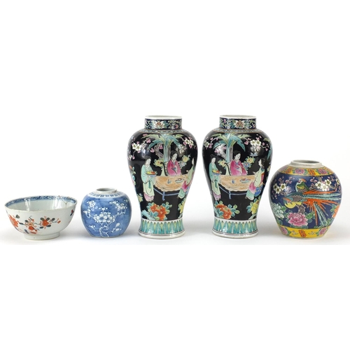 1751 - Chinese porcelain including a pair of famille noire vases and a prunus ginger jar, the largest each ... 