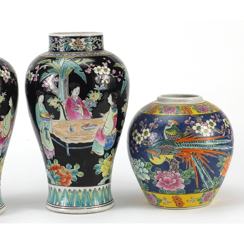 1751 - Chinese porcelain including a pair of famille noire vases and a prunus ginger jar, the largest each ... 