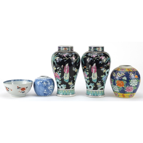 1751 - Chinese porcelain including a pair of famille noire vases and a prunus ginger jar, the largest each ... 