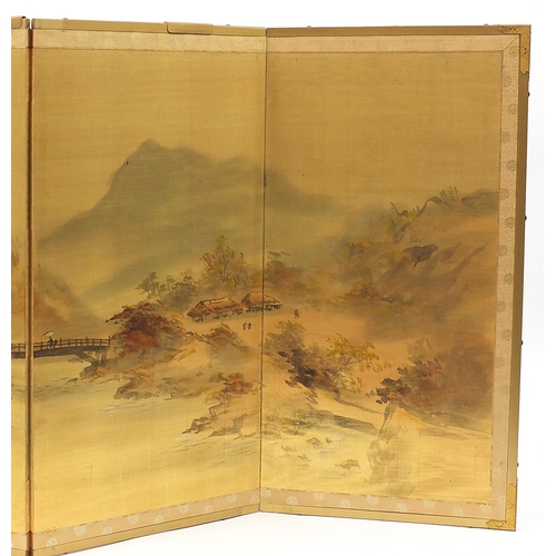 124 - Chinese four fold silk screen hand painted with figures in a landscape, signed with calligraphy and ... 