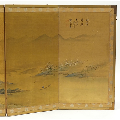 126 - Chinese four fold silk screen hand painted with a fisherman in a river landscape, signed with callig... 