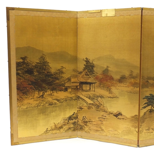 125 - Chinese four fold silk screen hand painted with a landscape, signed with calligraphy and red seal ma... 