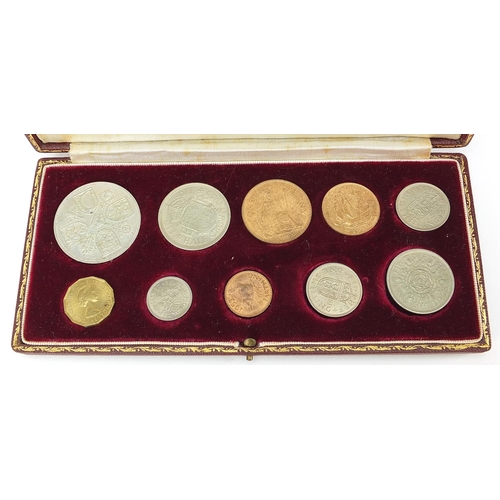 320 - Elizabeth II 1953 specimen coin set housed in a velvet lined tooled leather case, 20cm wide