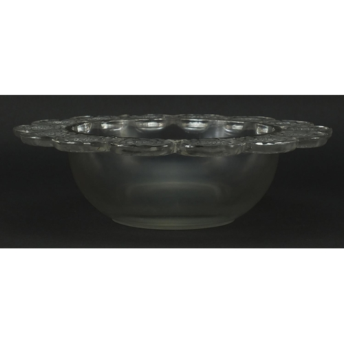 222 - Rene Lalique, French glass bowl with flower head border, etched R Lalique France to the base, 26.5cm... 