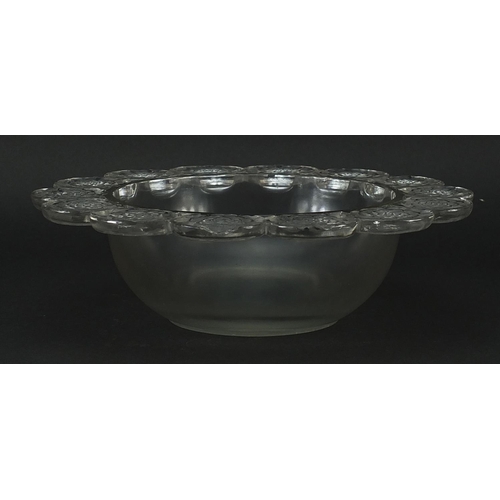 222 - Rene Lalique, French glass bowl with flower head border, etched R Lalique France to the base, 26.5cm... 