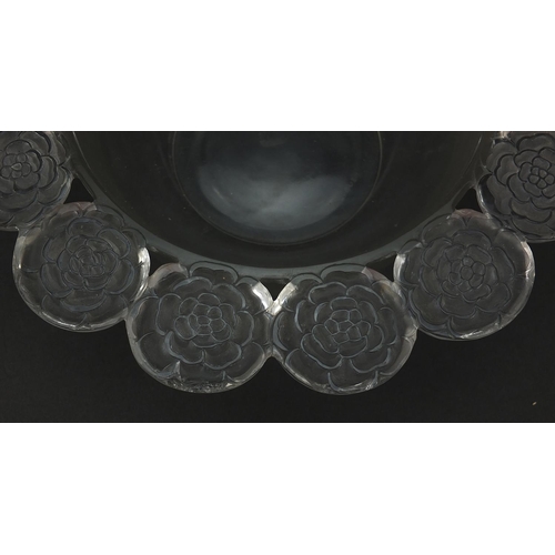 222 - Rene Lalique, French glass bowl with flower head border, etched R Lalique France to the base, 26.5cm... 