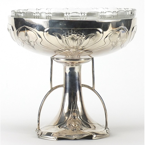 419 - Manner of WMF, German Art Nouveau silver plated centrepiece with glass bowl, numbered 4891 to the ba... 