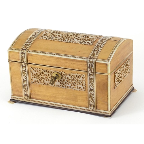 456 - Anglo Indian sandalwood casket with ivory fretwork and paw feet, 11cm H x 19cm W x 12cm D