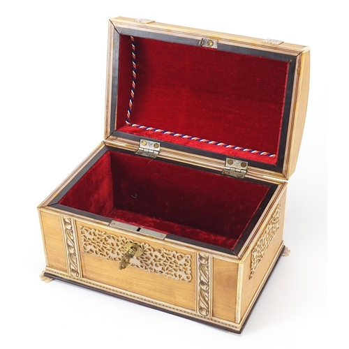 456 - Anglo Indian sandalwood casket with ivory fretwork and paw feet, 11cm H x 19cm W x 12cm D