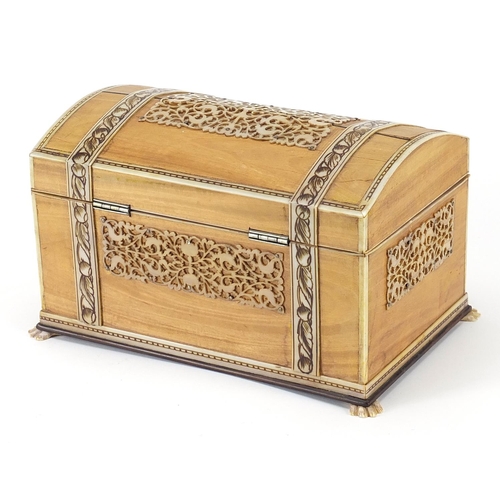 456 - Anglo Indian sandalwood casket with ivory fretwork and paw feet, 11cm H x 19cm W x 12cm D