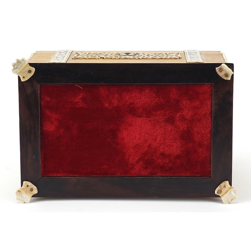 456 - Anglo Indian sandalwood casket with ivory fretwork and paw feet, 11cm H x 19cm W x 12cm D