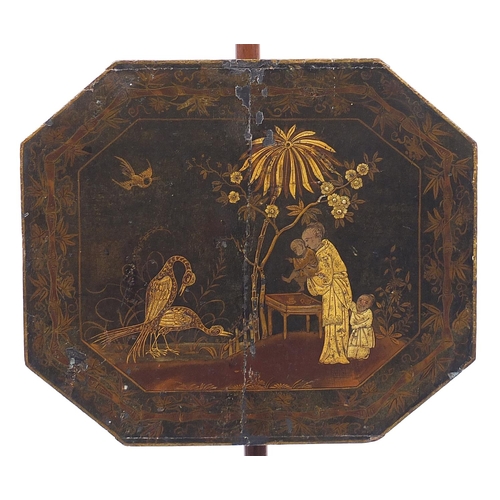 661 - Regency mahogany pole screen decorated in the chinoiserie manner with figures and birds of paradise,... 