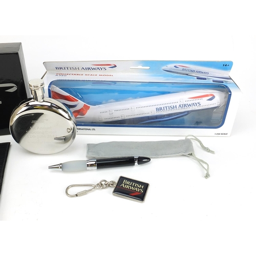 1245 - British Airways aviation memorabilia including hip flask, wallet, keyring and model A380