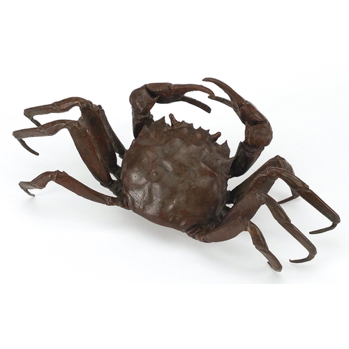 209 - Large Japanese patinated bronze crab, character marks to the base, 15cm wide