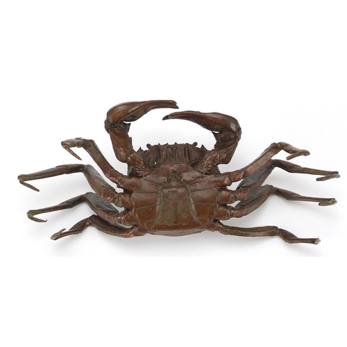 209 - Large Japanese patinated bronze crab, character marks to the base, 15cm wide