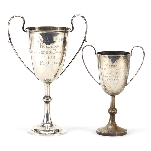 406 - Two Chinese silver tennis trophies engraved RNA Depot Hong Kong Winner Tennis Tournament 1928 F Oliv... 