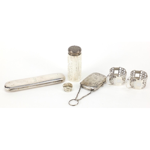 271 - Silver items including a spectacle case, chatelaine cigarette case and pair of cup holders, various ... 