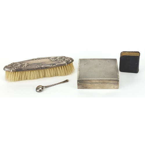 273 - Victorian and later silver objects comprising Art Nouveau silver backed brush, silver mounted Book o... 